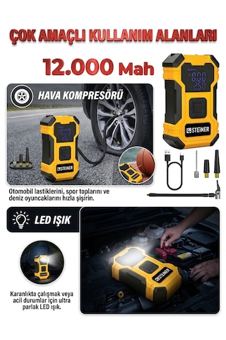 Steiner 12.000 Mah Dijital Ekranlı Kablosuz Lastik Hava Pompası Şarjlı Hava Kompresörü Powerbank Led Işık Sarı