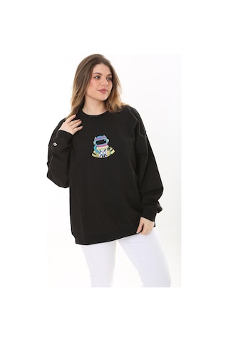 Kadın Büyük Beden Siyah Pamuk Kumaş Nakışlı Sweatshirt 65n37617-siyah Siyah