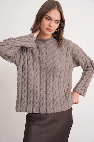 6973 Kadın Saç Örgülü Regular Basic Triko Kazak Toprak Toprak