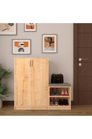 Asra Trend Puflu Ayakkabılık A-22 %100 MDF Minderli Geniş Portmanto Safir Meşe