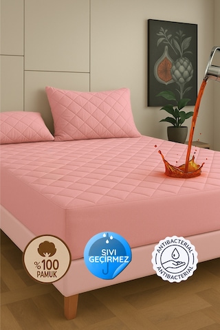 %100 Pamuk Renkli Kapitone Sıvı Geçirmez Alez Çarşaf - Pembe
