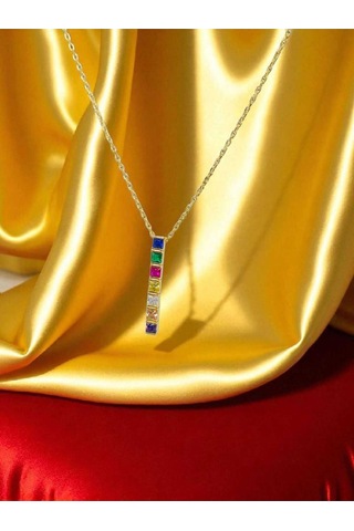 Renkli Taşlı Bar Model 925 Ayar Gümüş Kolye Modern Ve Canlı Tasarım Gümüş