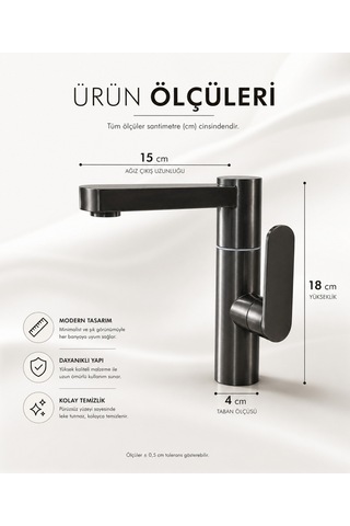 Lüx Premium Antrasit Silva 360 Döner Borulu Lavabo Bataryası Modern Tasarım