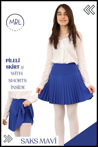 Kız Çocuk Mavi Pileli Etek Yüksek Bel Içi Şortlu Dalgıç Kumaş Okul-oyun-spor- Etkinlik 4103 Mavi