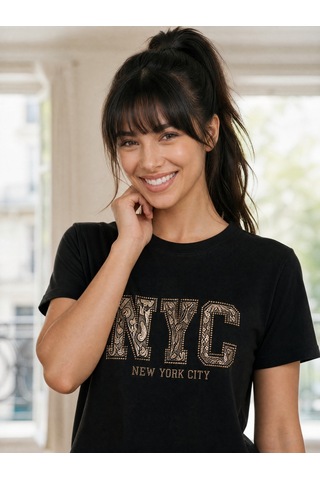 Nealirsanall.com Kadın Nyc Baskılı Tişört - Leopar Ve Gold Detaylı Bisiklet Yaka Penye Siyah
