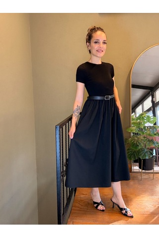 Ali Butik Siyah Kemerli Basıc Midi Elbise
