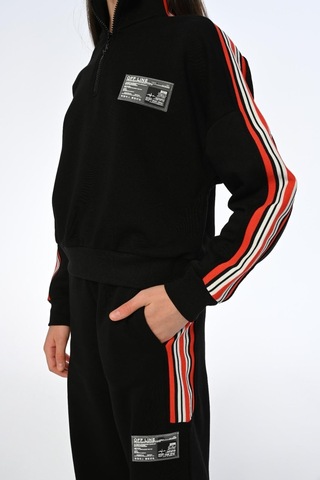 Kız Çocuk Yarım Fermuarlı Kolları Şeritli Dik Yaka Sweatshirt-13399-siyah Siyah