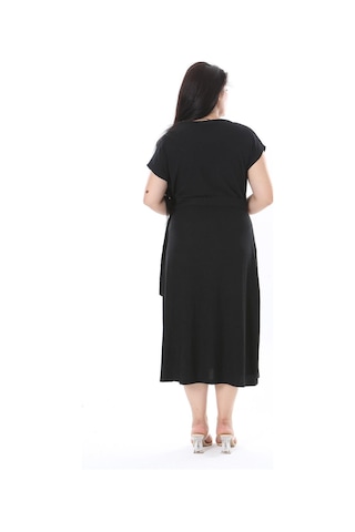 Şans Kadın Büyük Beden Siyah Bürümcük Kumaş Beli Tokalı Anvelop Elbise 65n38314-siyah Siyah