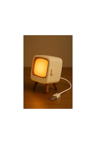 Retro Tv Tasarımlı Usb Gece Lambası Dekoratif Masa Ve Gece Işığı Bej