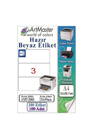 A4 Hazır Beyaz Etiket 210x99 Mm 100 Sayfa 1 Paket 3 Lü Kendinden Yapışkanlı Fotokopi Lazer İnkjet Kağıdı Yazıcılar İçin