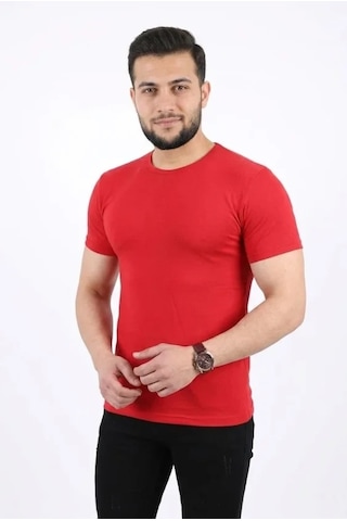Defymoda Erkek Basic Tişört Bisiklet Yaka Kısa Kol Günlük Yazlık Slim Fit T-shirt - Kırmızı