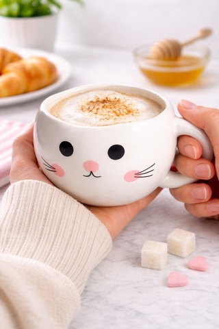 Sevimli Kedi Tasarımlı Seramik Kupa Kahve & Latte Bardağı Dekoratif Hediye Kupa Beyaz