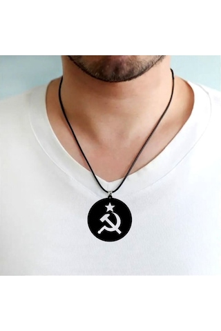 Tamgacrafts Özel Seri Retro Sembol Figürlü Siyah Akrilik Kolye 5 Cm Deri İpli