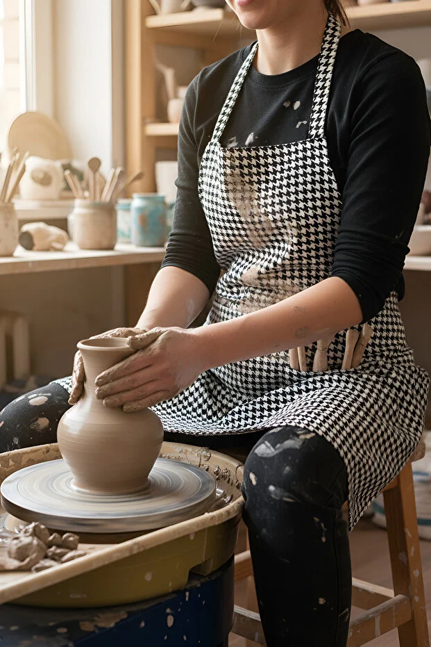 Gabardin Kumaş Mutfak Aşçı Önlüğü Master Chef Siyah Beyaz Kazayağı