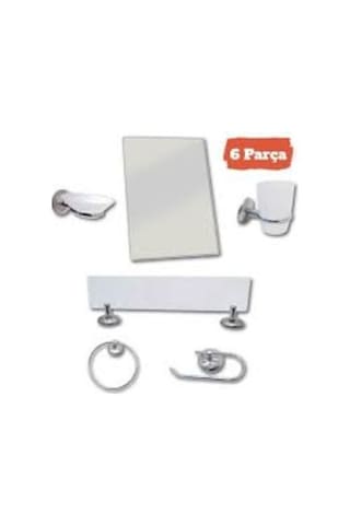 6 Parça Aynalı Banyo Aksesuar Seti Beyaz - Gri