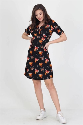 Neşeli Butik Kadın Kruvaze Yaka Çiçek Desenli Örme Krep Mini Elbise Nb10022 Siyah