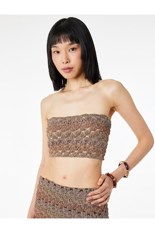 Koton Slim Fit Desenli Straplez Crop Kroşe Top Turuncu Desenli 6sak10330ek