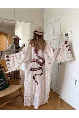 Dıe&more Trend Minimal Desenli Oversize Kimono Bej