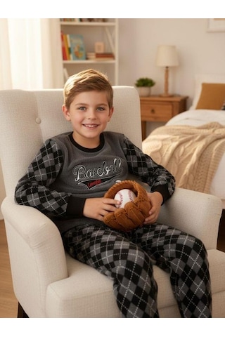 Zekids Erkek Çocuk Basketball Baskılı Polar Pijama Takımı-16814 Grı