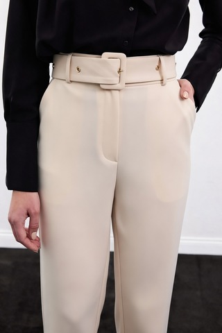Sateen Kemerli Pantolon - Bej-136909 Bej