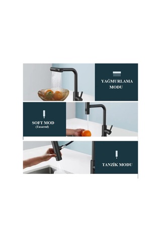 Rena Design Çok Modlu Siyah Mutfak Evye Bataryasi Spiralli Çek Birak Başlik Yağmurlama