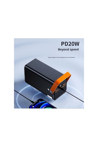 80000 Mah Powerbank 22.5w Hızlı Şarjlı Lcd Göstergeli Dahili Kablolu 4 Usb Çıkışlı Kamp Led Fener Siyah