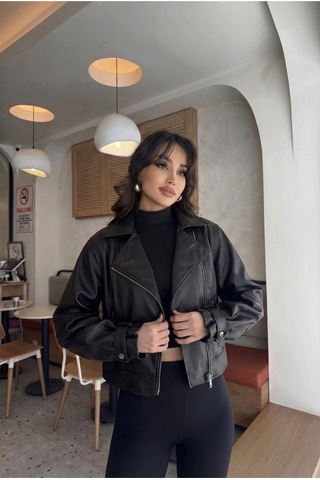 Laleli Butik Kadın Siyah Oversize Deri Ceket Siyahh Siyahh