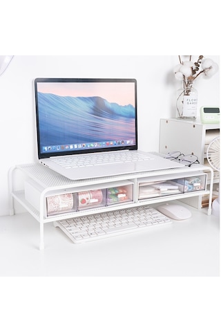 Sones Bilgisayar Monitörü Yükseltilmiş Braketli Masa Ferforje Raf Düzenleyici, Özellikler: Çift Katmanlı