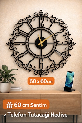 Dekoratif Sessiz Siyah Metal Duvar Saati 60x60 Cm Metal Telefon Tutacağı Hediyeli
