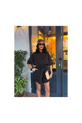 Nido Moda Kadın Cepli Oversize Gömlek Ve Beli Bağcıklı Şort İkili Takım Siyah