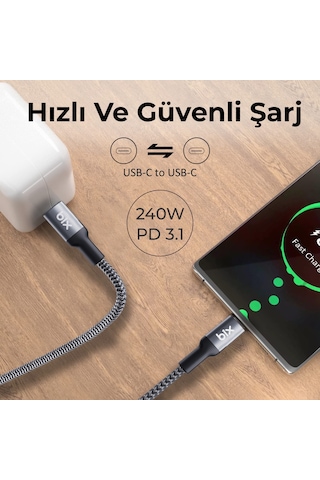 Bix BXCC241 240 W 1.8 M Metal Başlık Type-C Şarj Data Kablosu