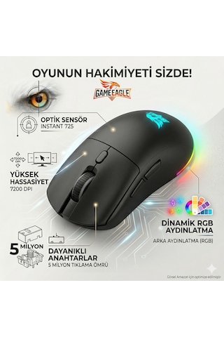 Rgb Gaming Kablolu Mouse Siyah 7200 Dpı Yüksek Hassasiyetli Makrolu Ergonomik Örgü Kablo Diğer