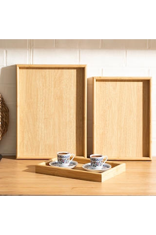 Porsima 130105043 Ahşap Tepsi 3lü Set Çay Kahve Bambu Sunumu Tepsi Seti Ahşap
