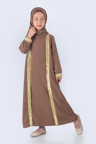 Eşarplı Ferace Medine İpek Kumaş Kız Çocuk Kahverengi