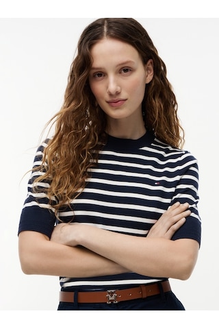 Tommy Hilfiger Cotton Jersey Fıne C-nk Ss Swt Kadın Mavi Kazak - Ww0ww49705
