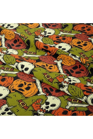 Happy Halloween Yeşil Zemin Üzerinde Korkunç Yüzlübal Kabakları Ve Kurukafalar Ve Kemikler Cadılar Bayramı