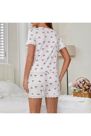 2 Adet/set Pijama Takımı Dantel Eklemeli V Yaka Kısa Kollu Üst Kiraz Baskılı Konfor Ev Giyim Kıyafeti Günlük Üst Şort Pijama Takımı Beyaz