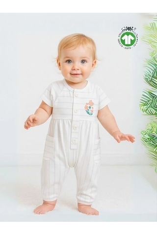 Zekids Kız Bebek Organik Pamuklu Çizgili Kısa Kol Paçası Lastikli Tulum-15917 Beyaz