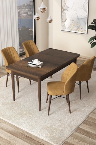 Canisa Concept Arp Serisi Sabit Mutfak Masası Takımı 70x110 Barok Desen Masa 4 Cappucino Sandalye Masa Barok Ahşap Desen Sandalye Cappucino