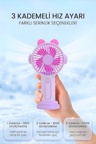Şarjlı Taşınabilir Sevimli Kulak Tasarımlı Mini Fan 3 Kademeli Hız Telefon Standlı Vantilatör Mor