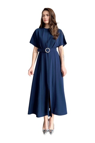 Bisiklet Yaka Pileli Yarasal Kol Kemerli Önden Yırtmaçlı Midi Boy Elbise Lacivert