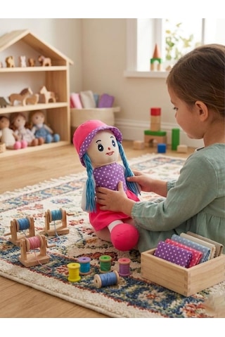 Fatma Bebek 48cm Büyük Puantiye Desenli Elbiseli Ve Şapkalı El Yapımı Oyuncak Bez Bebek Pembe