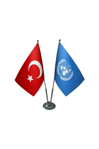 Masa Üstü Birleşmiş Milletler Bayrağı Türk Bayrağı İkili Krom Dir