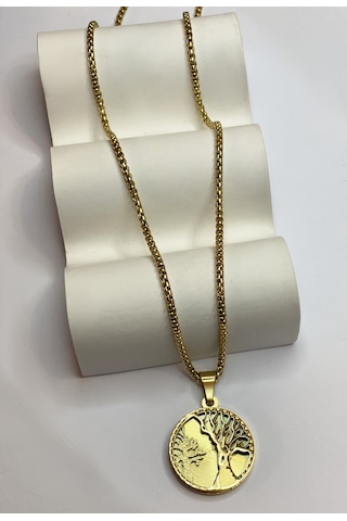 Kadın Hayat Ağacı Ve Sim Detay Yuvarlak Model Çelik Kolye Gold