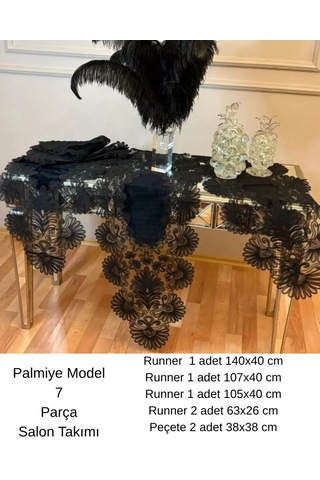 Çeyizlik Palmiye Model Siyah 7 Parça Keten Masa Örtüsü Yolluk Seti Salon Takımı