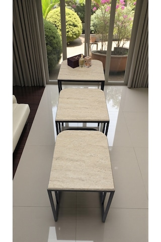 Viva Serisi 3'lü Zigon C Sehpa 1. Sınıf Membran Mdf, Dayanıklı Metal Ayak Traverten Desen - Siyah Ayak