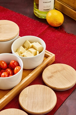 Cooker Leo 6'lı 10 Cm Porselen Bambu Kapaklı Tepsili Kahvaltılık Seti Ckr3930 Beyaz