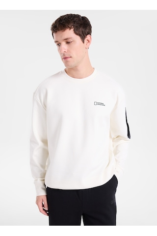 National Geographic N6wm-swt4150 Krem Erkek Bisiklet Yaka Baskılı Relaxed Triko Sweatshirt