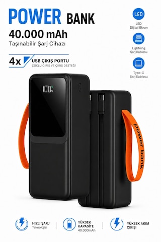 40.000mah Taşınabilir Powerbank Led Dijital Ekranl Type-c-lightning Şarj Kablosu 4 Usb Çıkış Portu Hızlı Şarj Siyah - Siyah