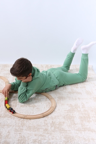 Erkek Çocuk Kapşonlu Eşofman Takımı 4 Mevsim Wolf Baskılı Ribanalı F12 Yeşil